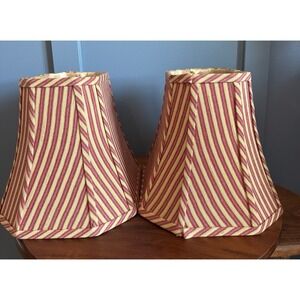 Vintage Custom Bell Lampshades Pair Burgundy Tan Ticking Stripe Satin Lined
